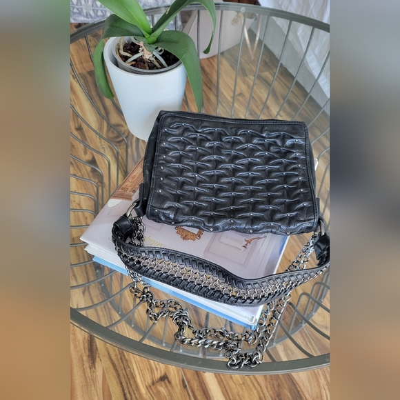 BADGLEY MISCHKA Black Leather Silver Studs Chain Crossbody Purse - Picture 2 of 13
